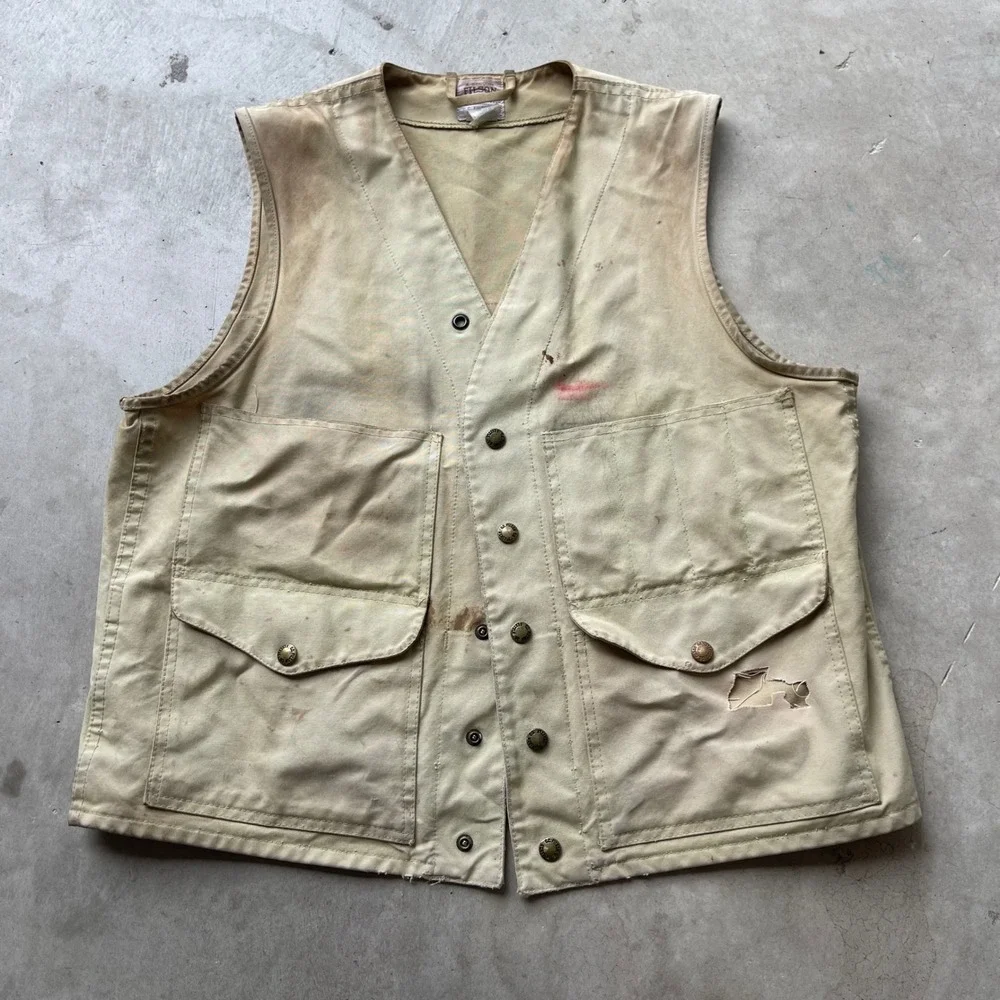 Filson Vintage Canvas Hunting Vest Tan Made in USA Distressed Mens XL Style 8